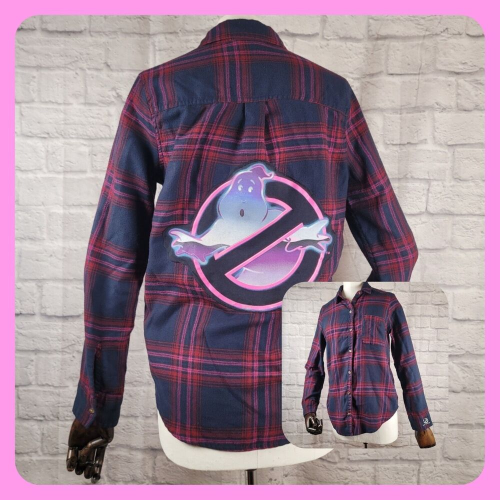 Ghostbusters Logo Upcycle Plaid Flannel Shirt Hollister Womens XS Purple Mooglie